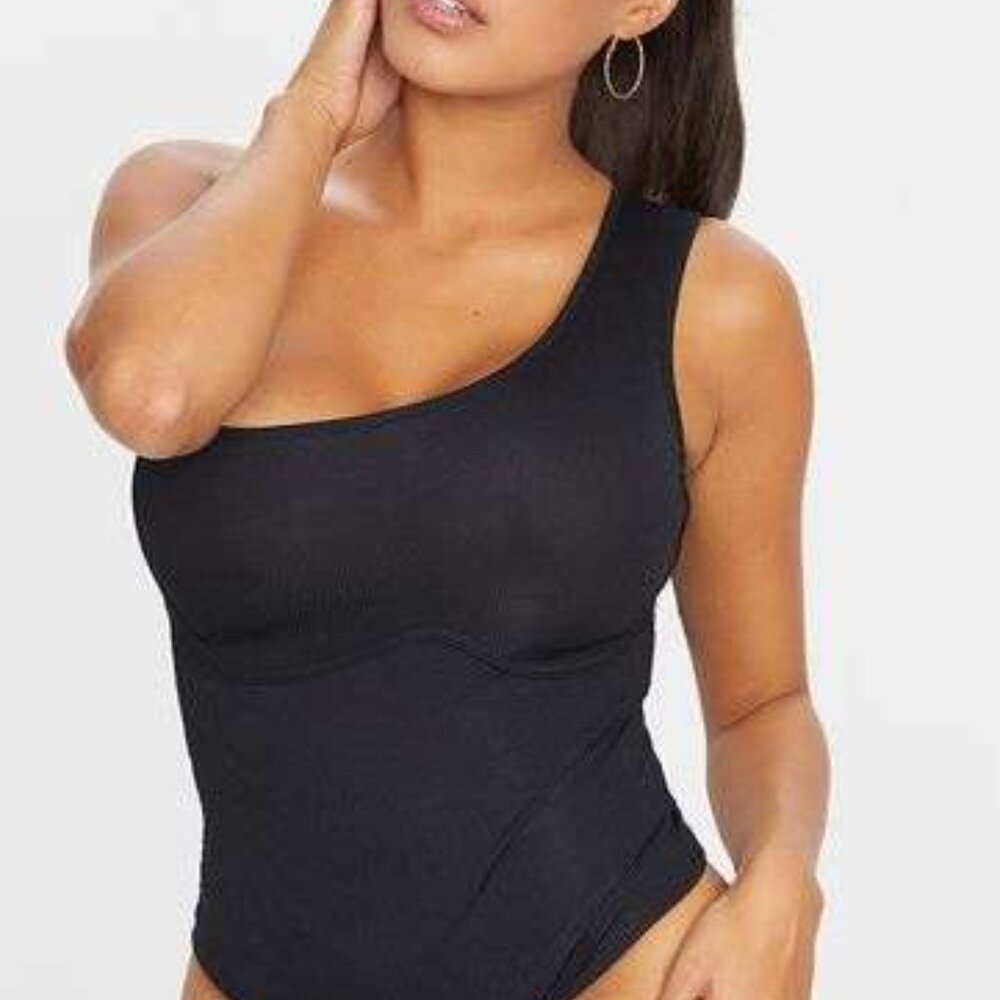 Pretty little things black rib one shoulder bodysuit size 2  PLT